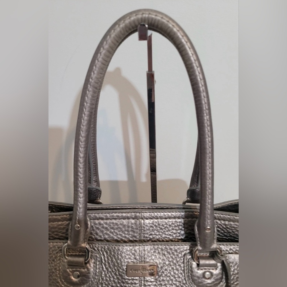 Cole Haan Metallic Silver Tote Shoulder Bag Pebbled Leather 3 Compartments - Picture 5 of 16
